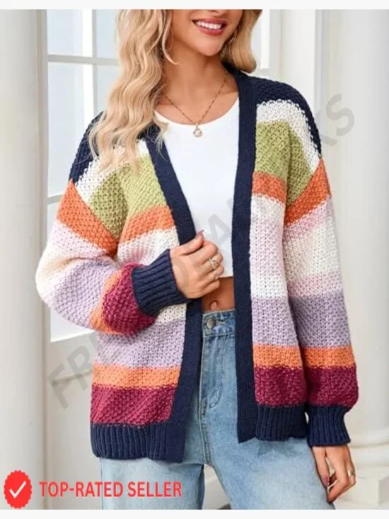 Oversized Chunky Knit Cardigan Sweater Open Front Long Sleeve Striped Y2K Chic - Picture 4 of 7